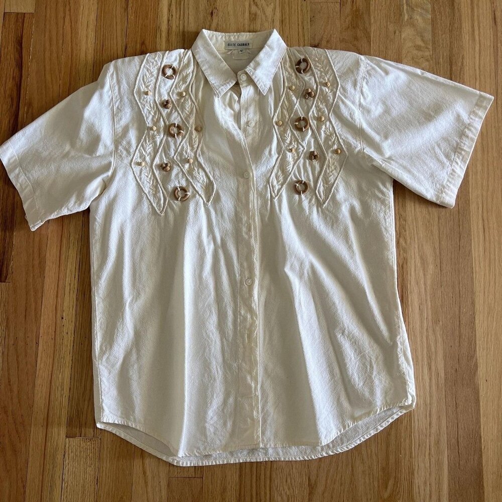 Vintage beige cotton beaded southwestern button‎ down shirt size Large